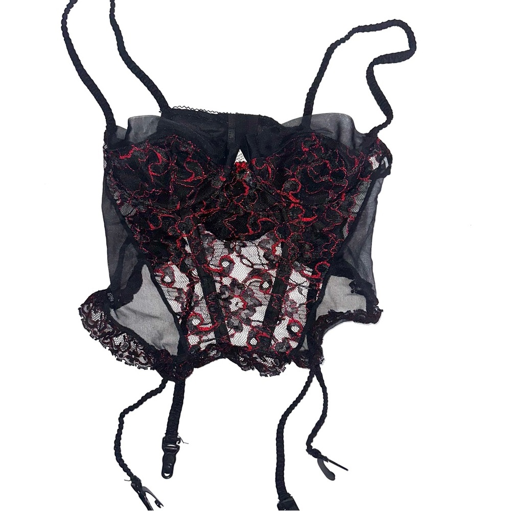 1970s Black and Red Lace Corset with garters